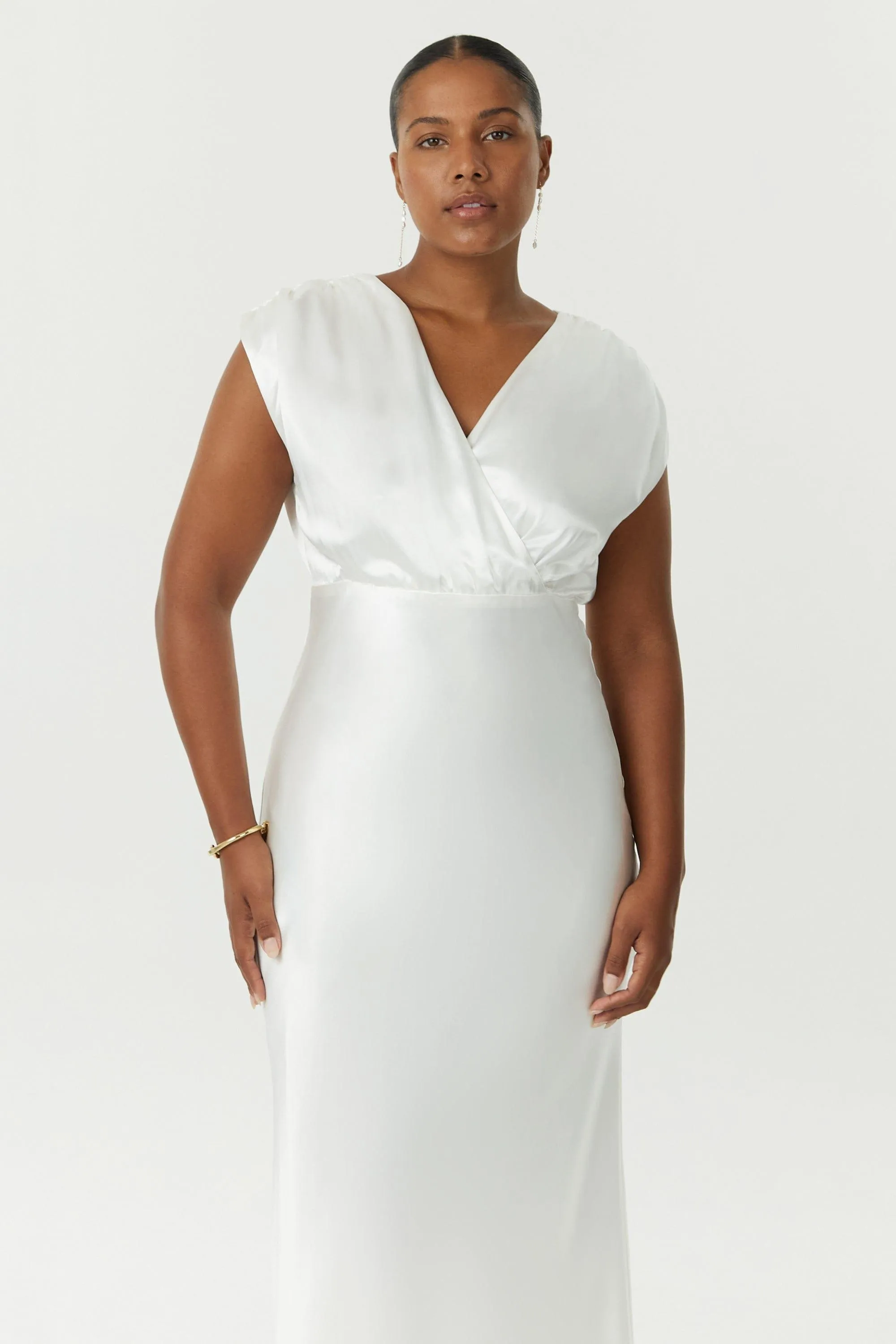 SATIN CROSS OVER GATHER DRESS | POWDER WHITE