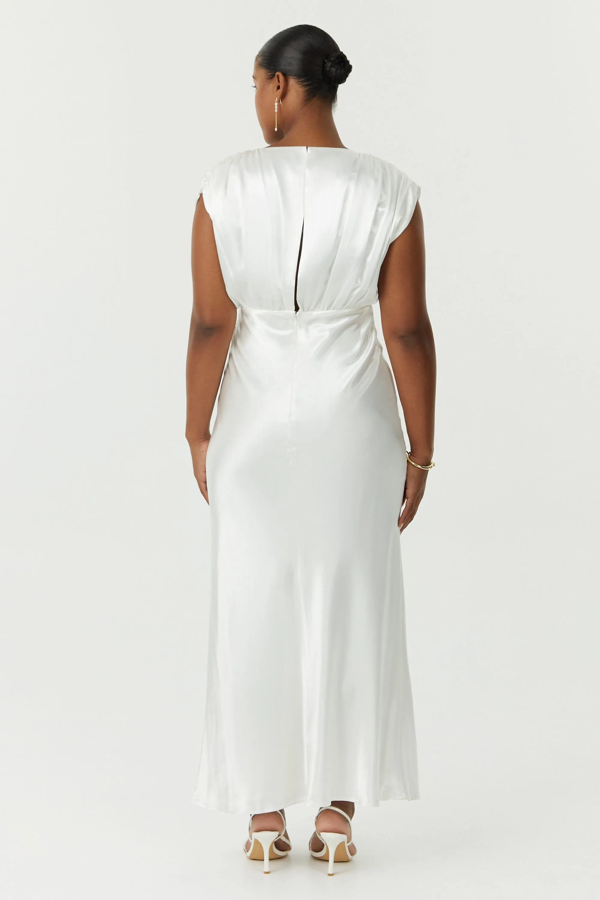 SATIN CROSS OVER GATHER DRESS | POWDER WHITE