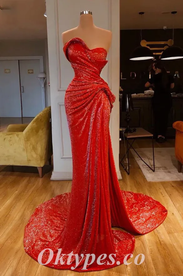 Sexy Shiny Red Sequin Sweetheart Sleeveless Mermaid Long Prom Dresses With Pleats,PDS0533
