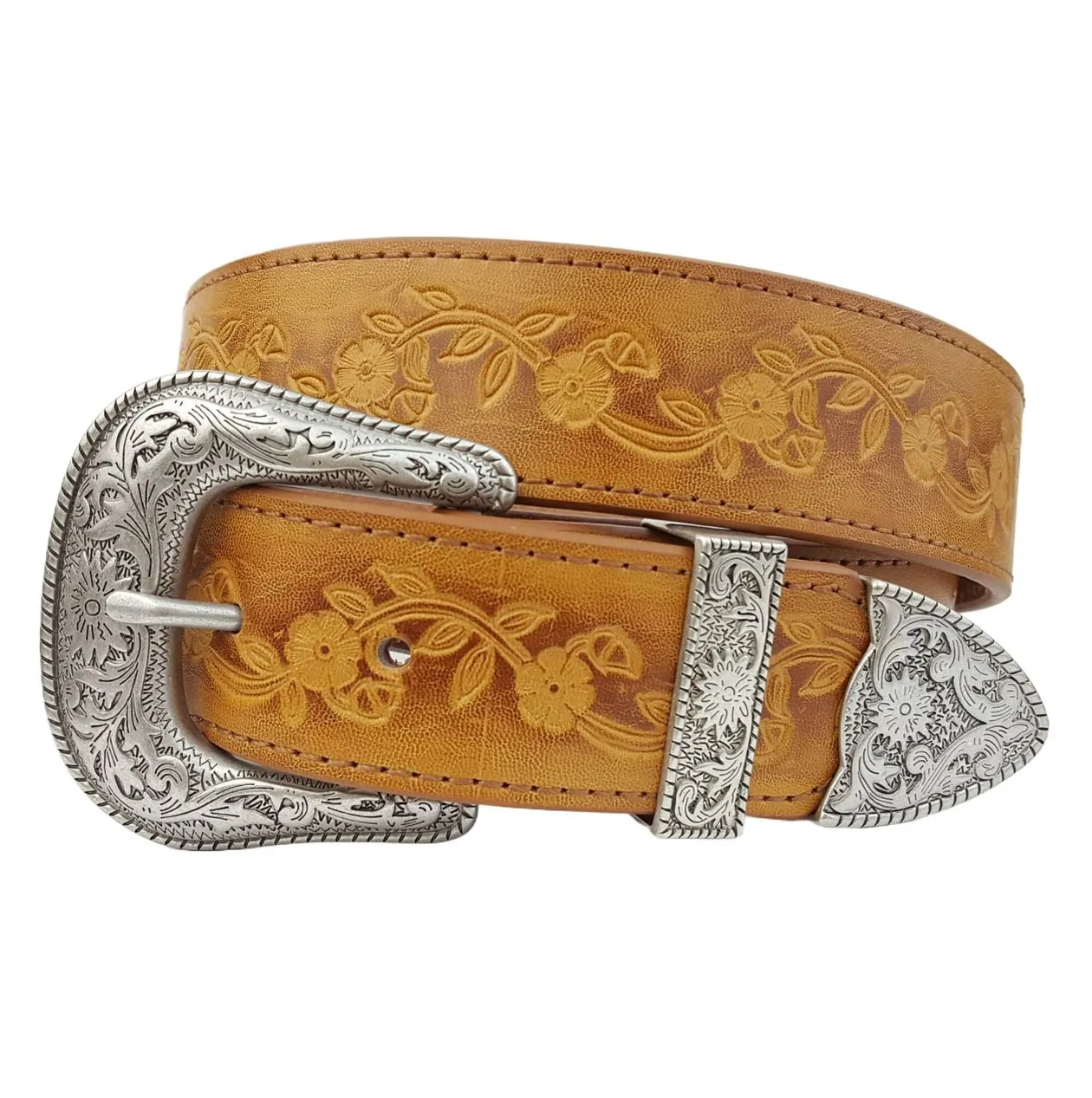 Silver Western Buckle Set With Vintage Hand Painted Tooled Belt
