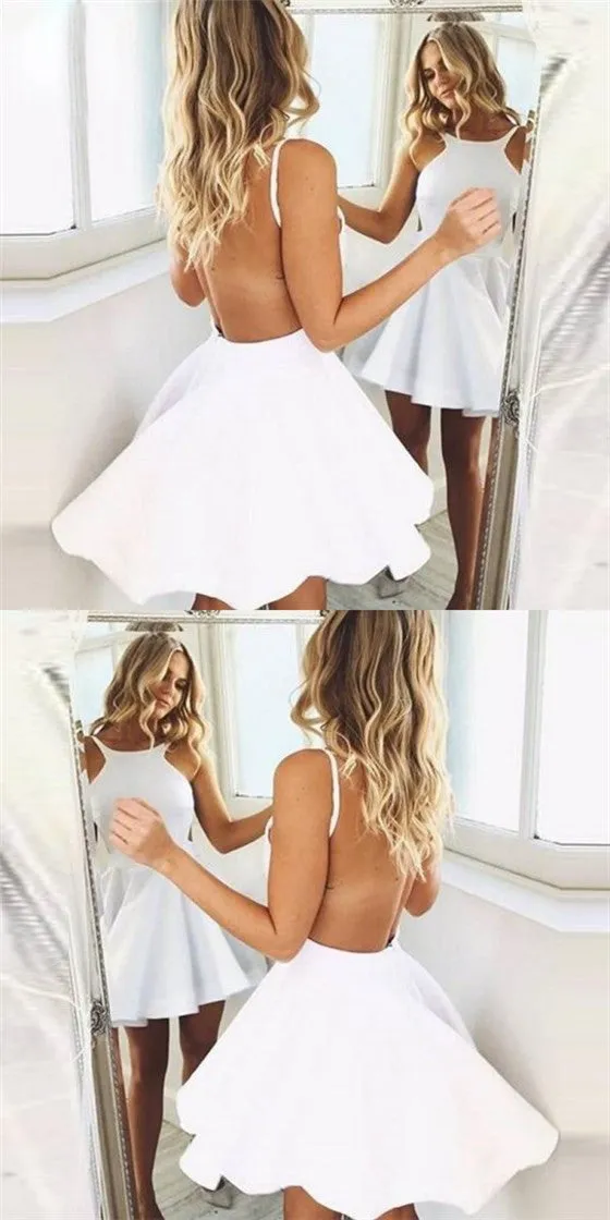 Simple A-Line Round Neck Backless Short White Homecoming Dresses, QB0061