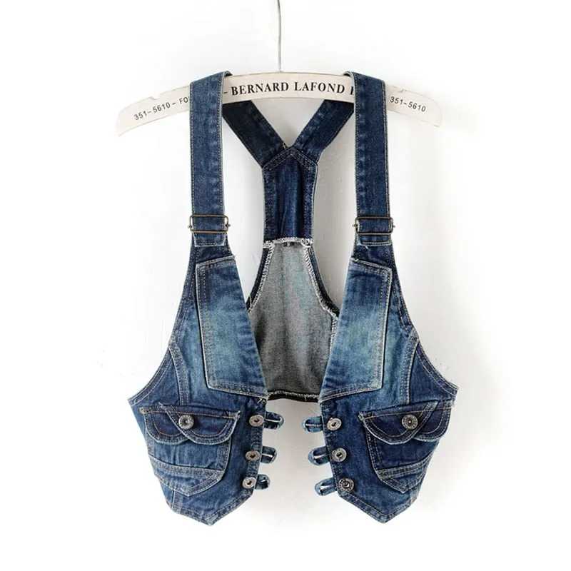 Sleeveless V-Neck Slim Short Denim Jean Jacket Thin Strap Waistcoat