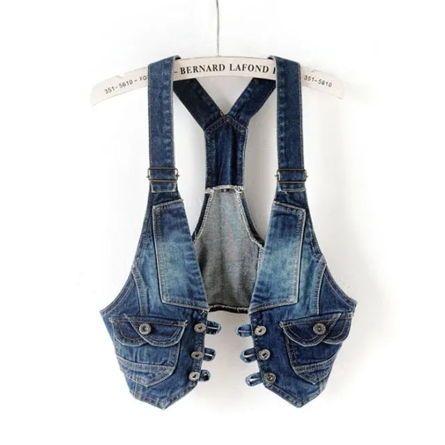 Sleeveless V-Neck Slim Short Denim Jean Jacket Thin Strap Waistcoat
