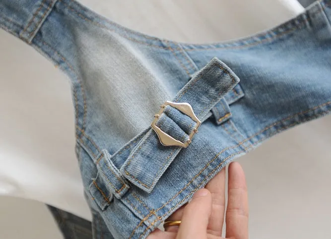 Sleeveless V-Neck Slim Short Denim Jean Jacket Thin Strap Waistcoat