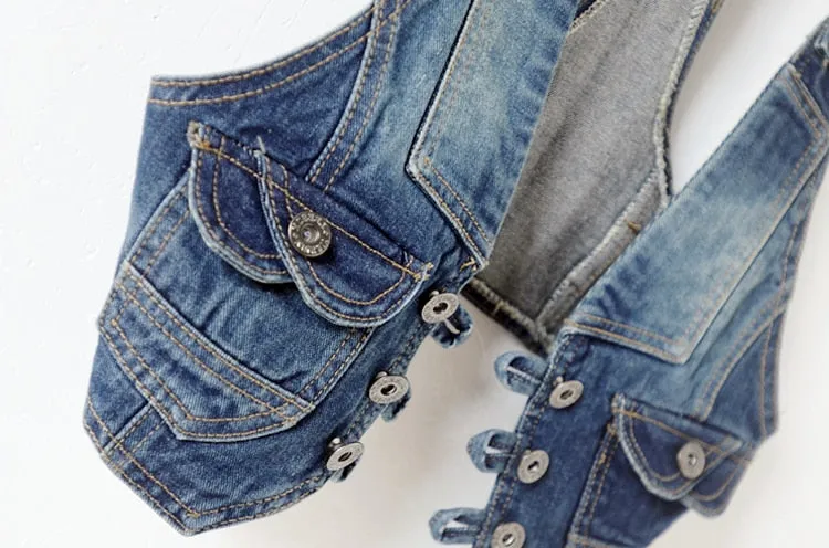 Sleeveless V-Neck Slim Short Denim Jean Jacket Thin Strap Waistcoat