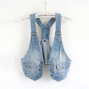 Sleeveless V-Neck Slim Short Denim Jean Jacket Thin Strap Waistcoat