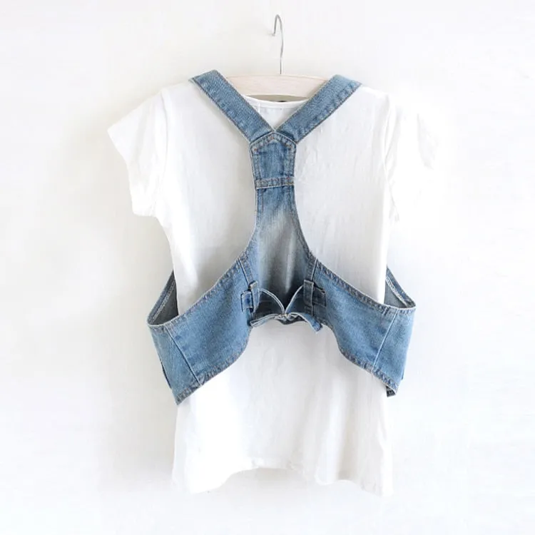 Sleeveless V-Neck Slim Short Denim Jean Jacket Thin Strap Waistcoat