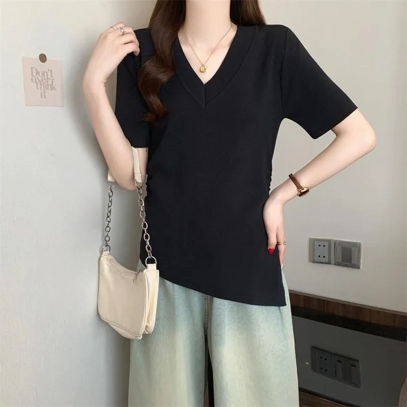 Solid Color Plus Size T-Shirt with Flattering Asymmetrical Hem