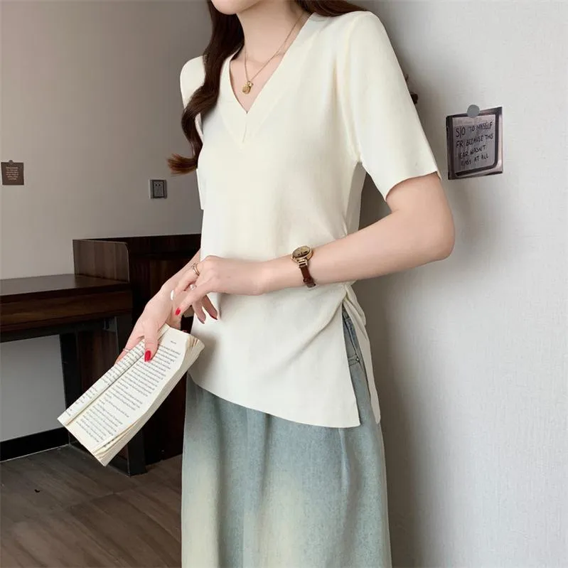 Solid Color Plus Size T-Shirt with Flattering Asymmetrical Hem