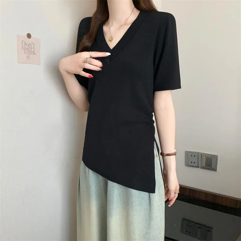 Solid Color Plus Size T-Shirt with Flattering Asymmetrical Hem