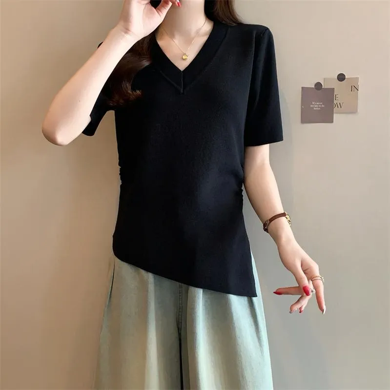Solid Color Plus Size T-Shirt with Flattering Asymmetrical Hem