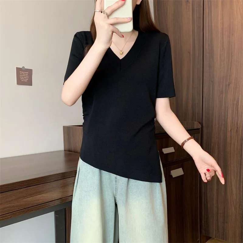 Solid Color Plus Size T-Shirt with Flattering Asymmetrical Hem