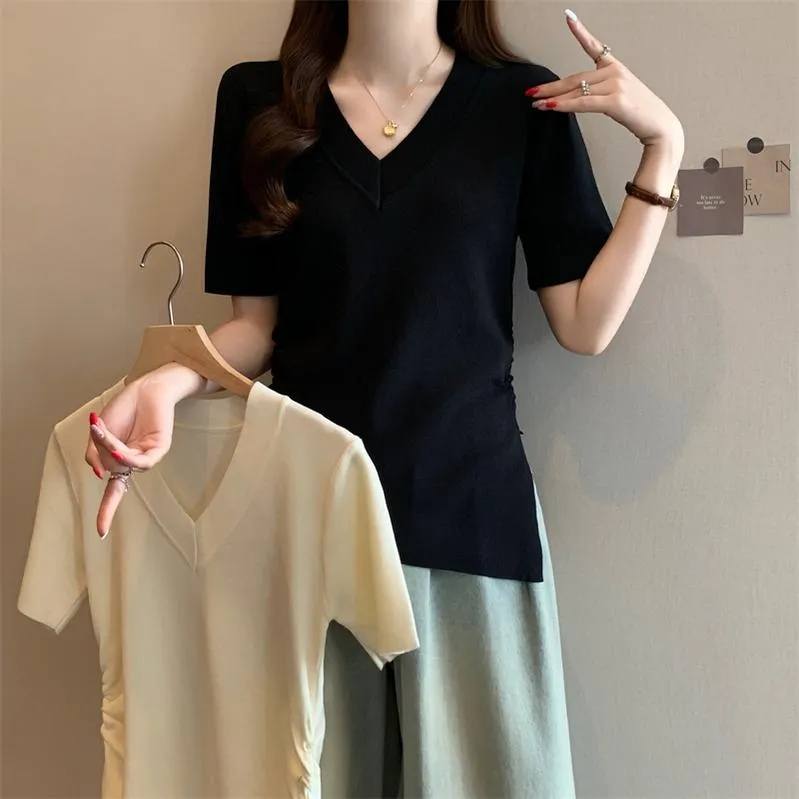 Solid Color Plus Size T-Shirt with Flattering Asymmetrical Hem