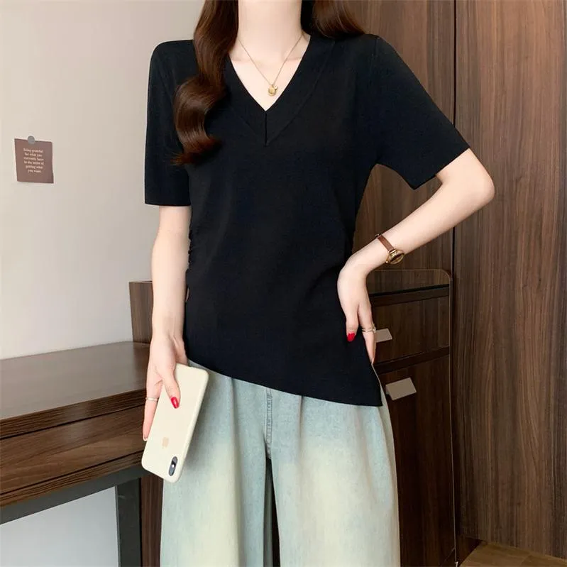 Solid Color Plus Size T-Shirt with Flattering Asymmetrical Hem