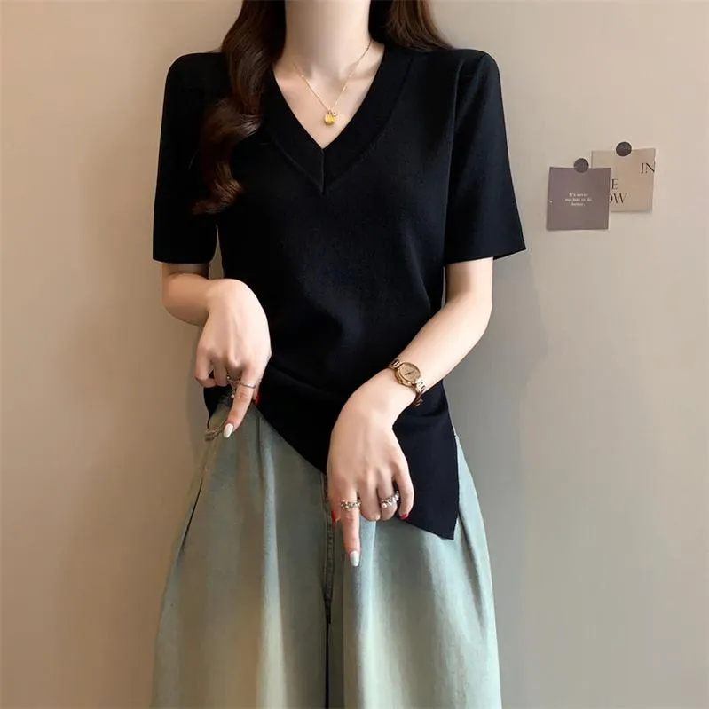 Solid Color Plus Size T-Shirt with Flattering Asymmetrical Hem