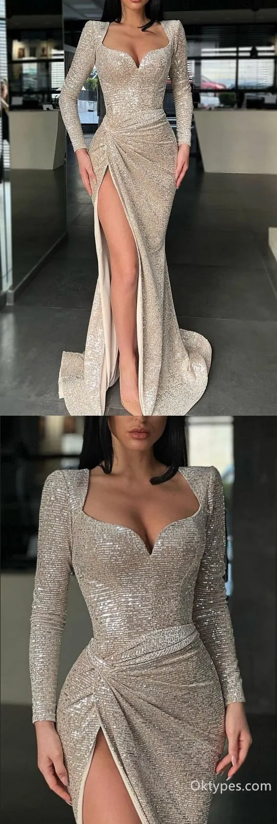 Sparkle Long sleeves Sweetheart Sequin Mermaid High split Prom Dresses,PDS0316