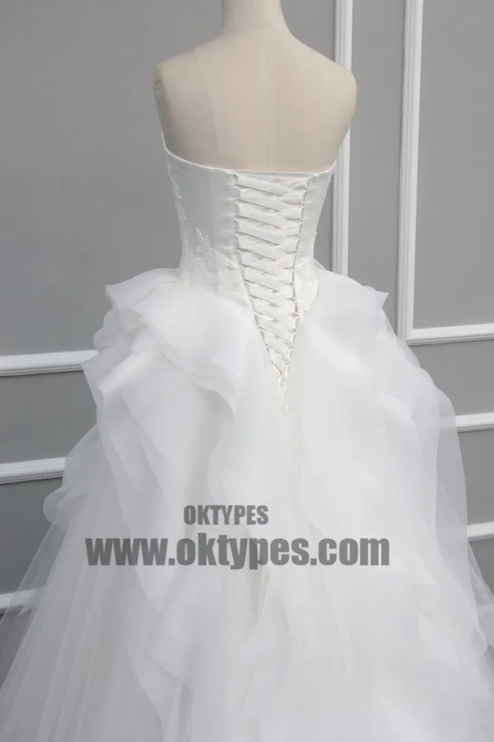 Straight Neckline Off White Lace Top A-line Tulle Gorgeous Lace Up Wedding Dresses, TYP0600