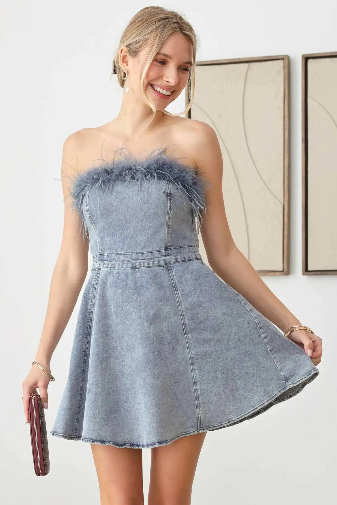 Strapless Feather Trim Denim Mini Flare Dress