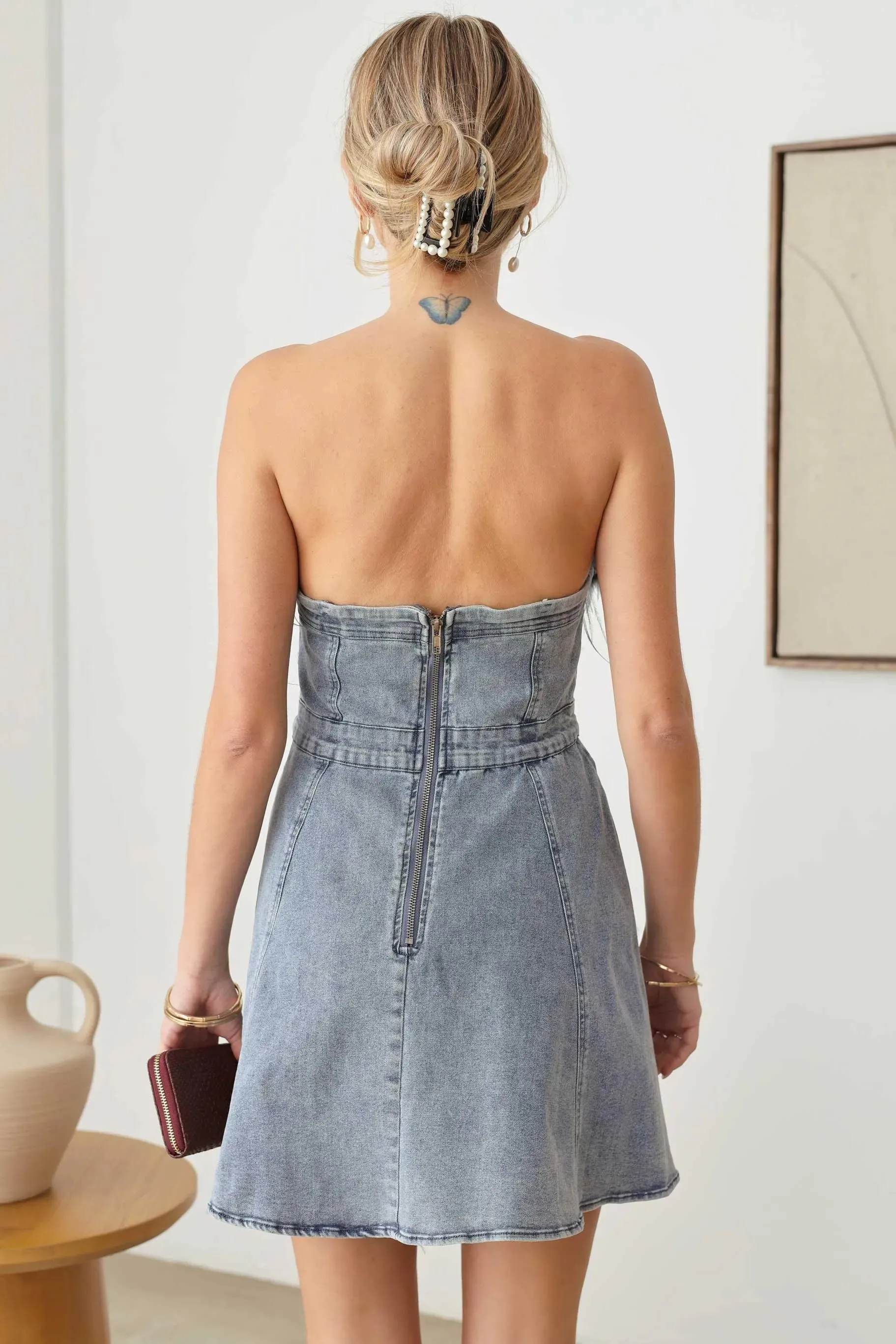 Strapless Feather Trim Denim Mini Flare Dress