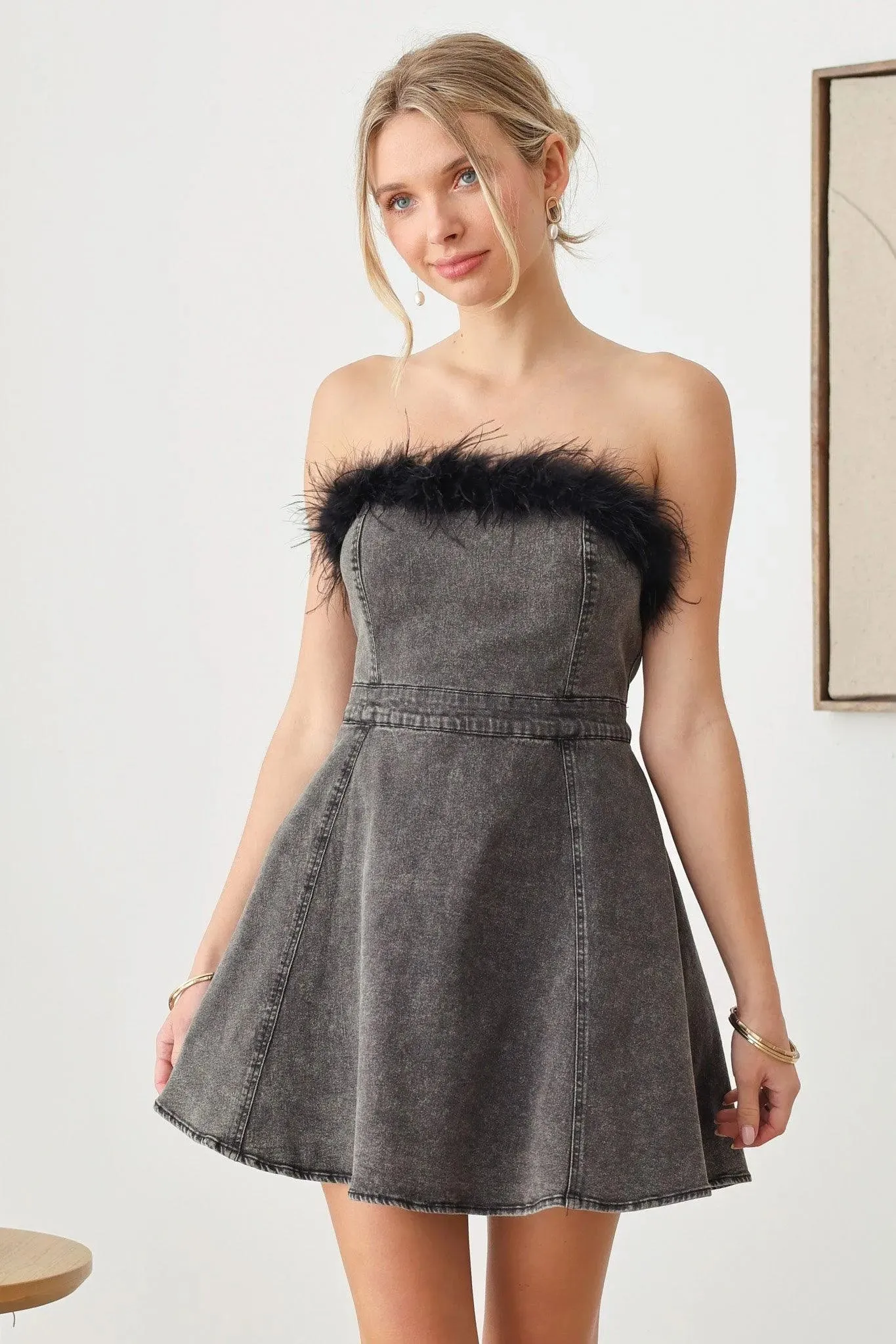 Strapless Feather Trim Denim Mini Flare Dress