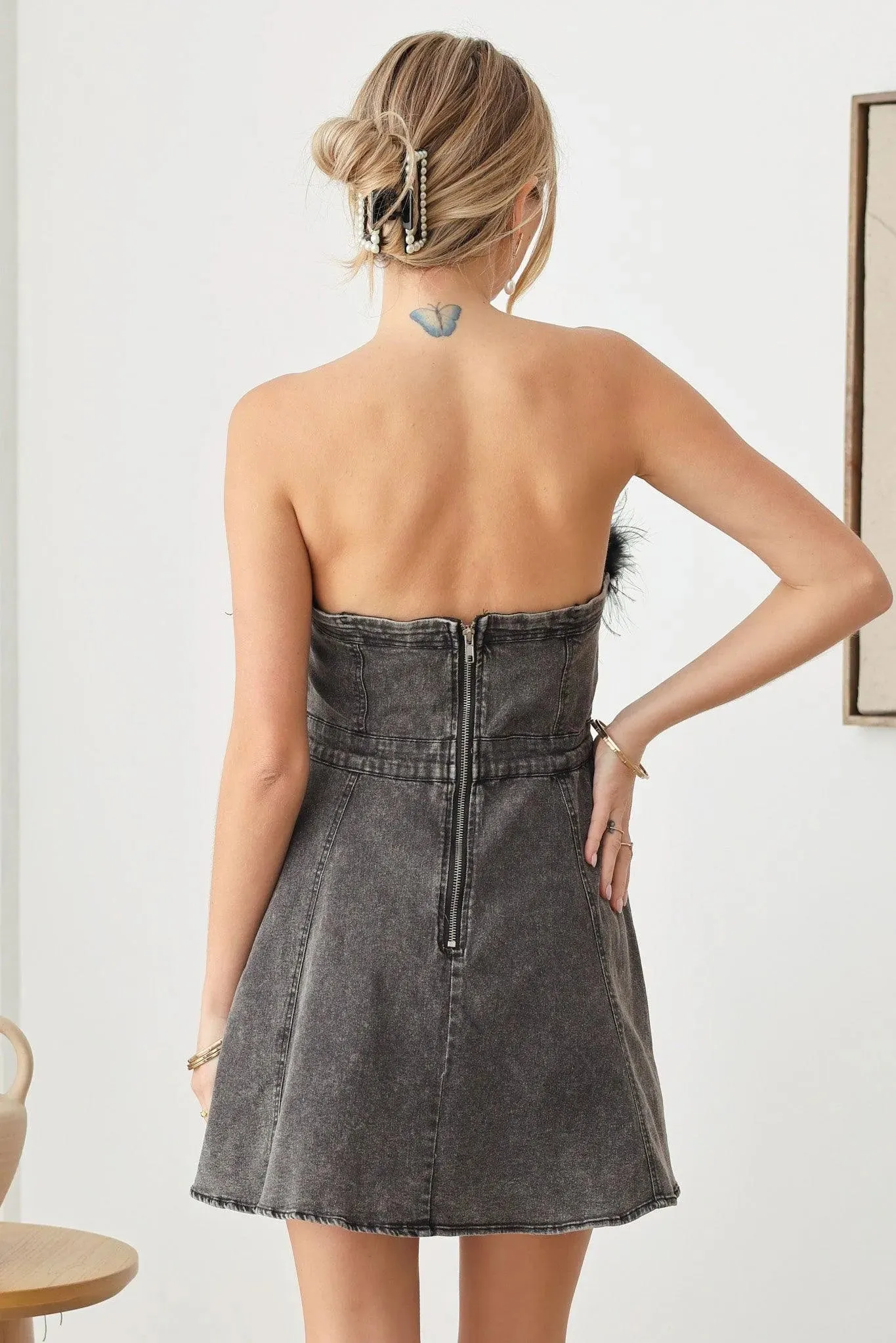 Strapless Feather Trim Denim Mini Flare Dress