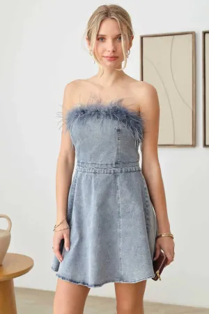 Strapless Feather Trim Denim Mini Flare Dress