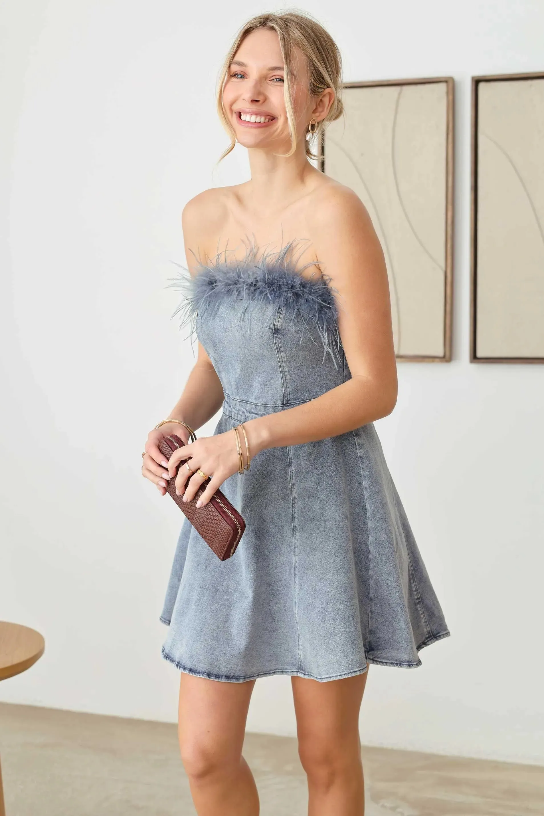 Strapless Feather Trim Denim Mini Flare Dress