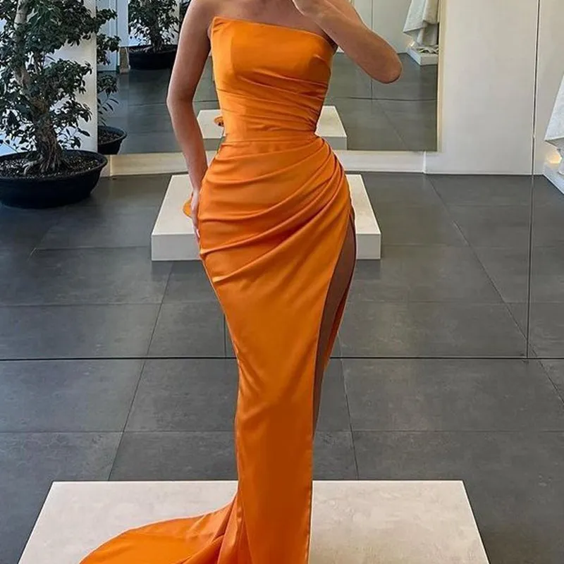 Strapless Satin Pleated Mermaid Sleeveless High Slit Long Prom Dresses