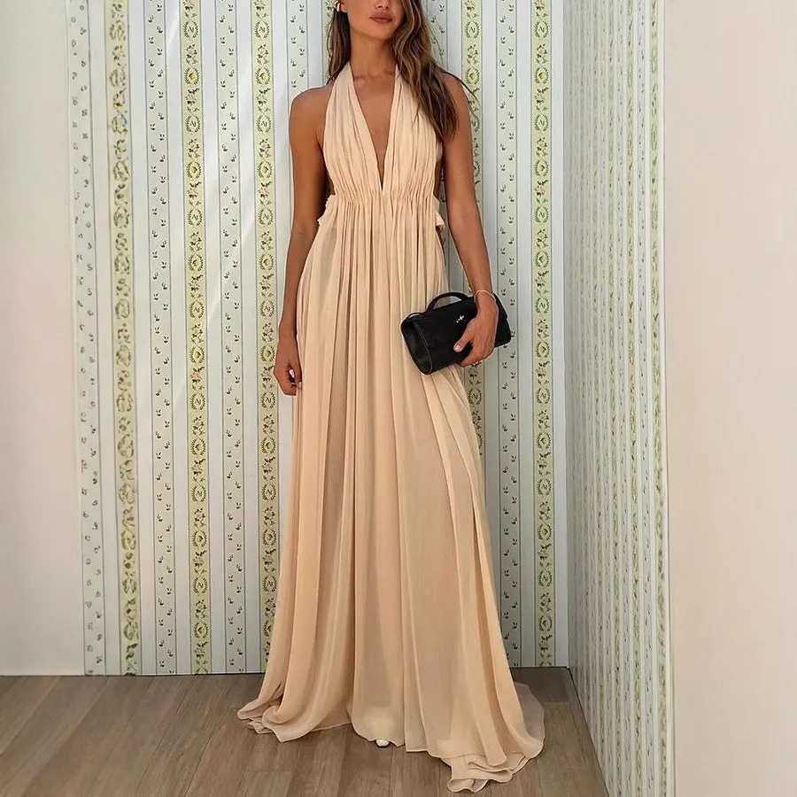 Summer Deep V-Neck Halter Maxi Dress – Backless Elegance