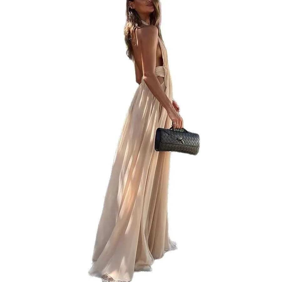 Summer Deep V-Neck Halter Maxi Dress – Backless Elegance