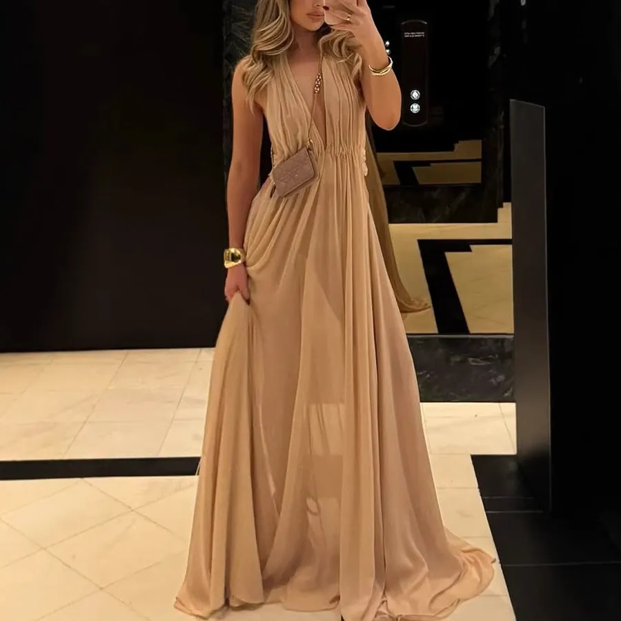 Summer Deep V-Neck Halter Maxi Dress – Backless Elegance