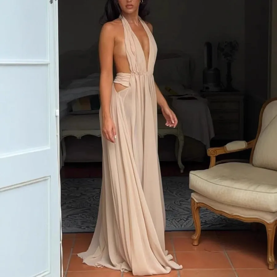Summer Deep V-Neck Halter Maxi Dress – Backless Elegance