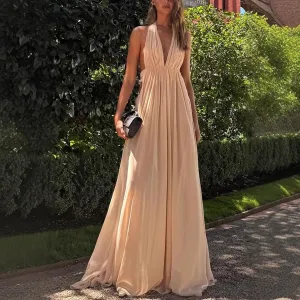 Summer Deep V-Neck Halter Maxi Dress – Backless Elegance