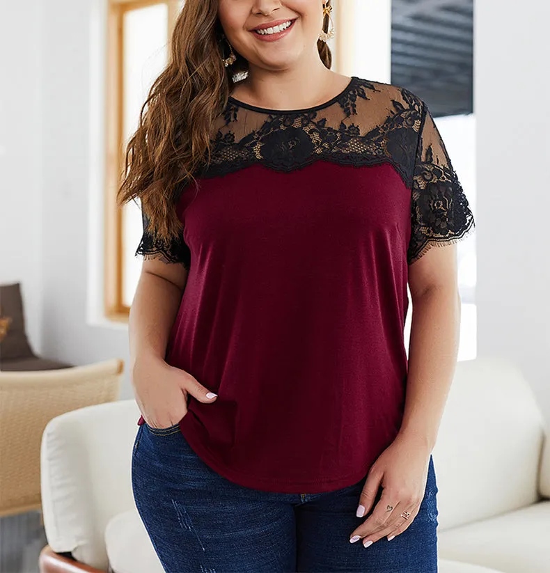 Summer New Lace Stitching Large Size T-shirt