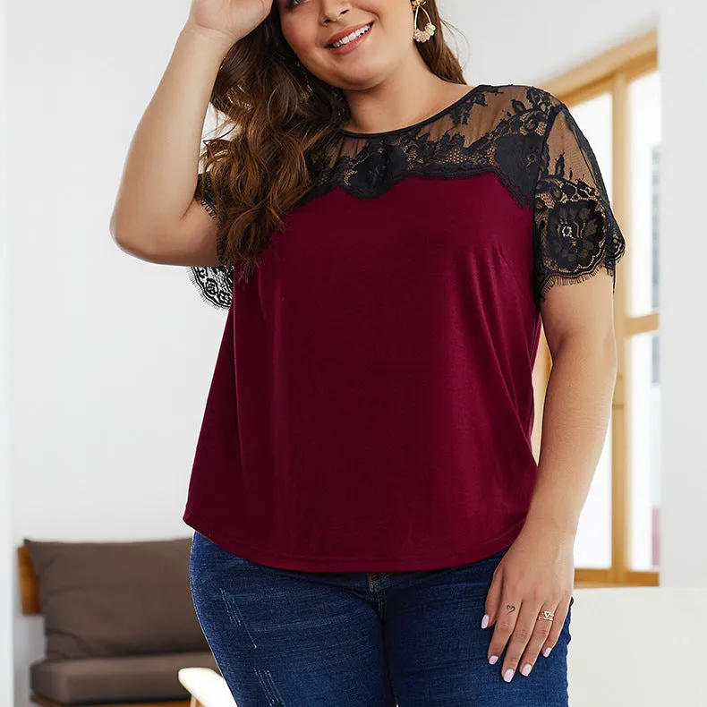Summer New Lace Stitching Large Size T-shirt