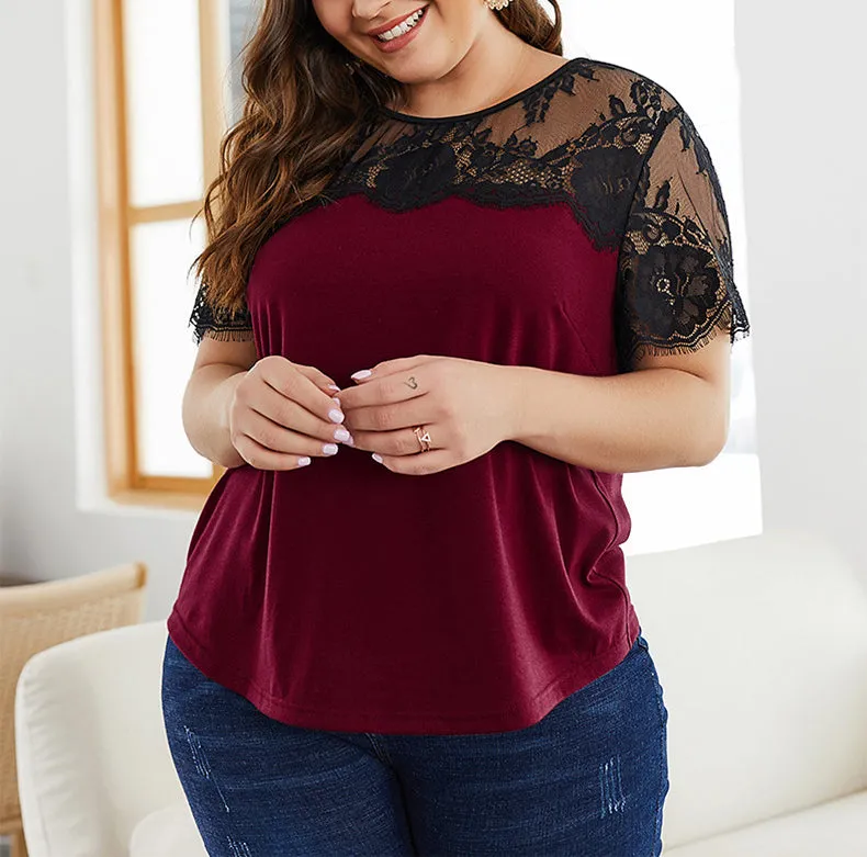 Summer New Lace Stitching Large Size T-shirt