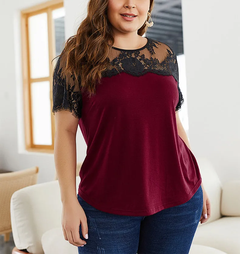 Summer New Lace Stitching Large Size T-shirt