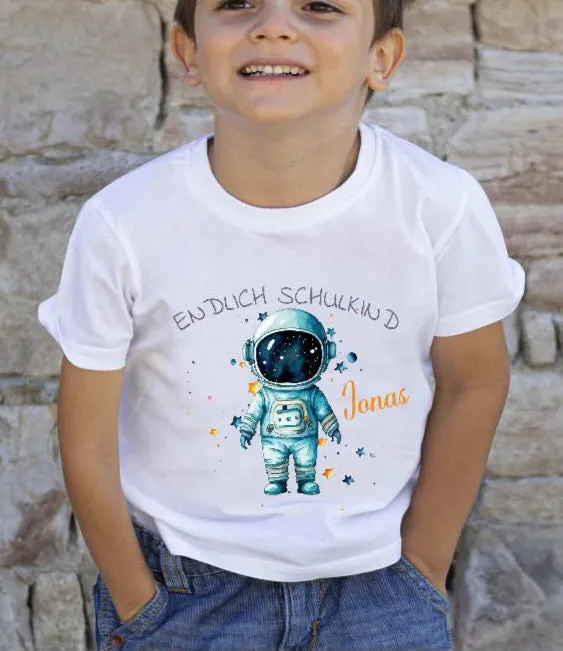 T-Shirt Endlich Schulkind Astronaut Junge personalisiert