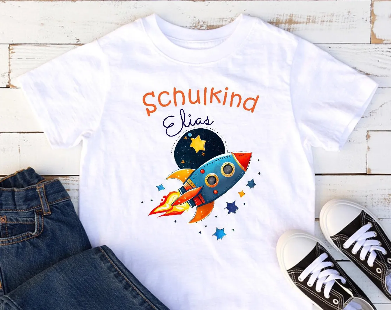 T-Shirt Schulkind Einschulung mit Name Rakete Junge personalisiert