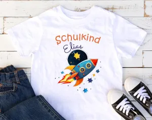 T-Shirt Schulkind Einschulung mit Name Rakete Junge personalisiert