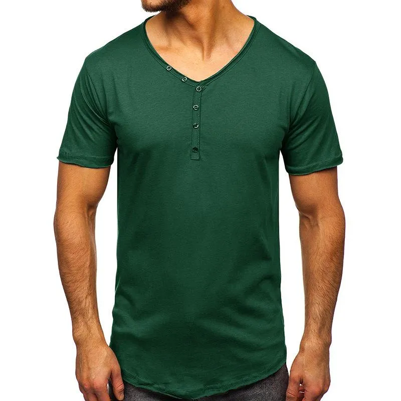 T-shirt uni à col en V avec boutons vintage
