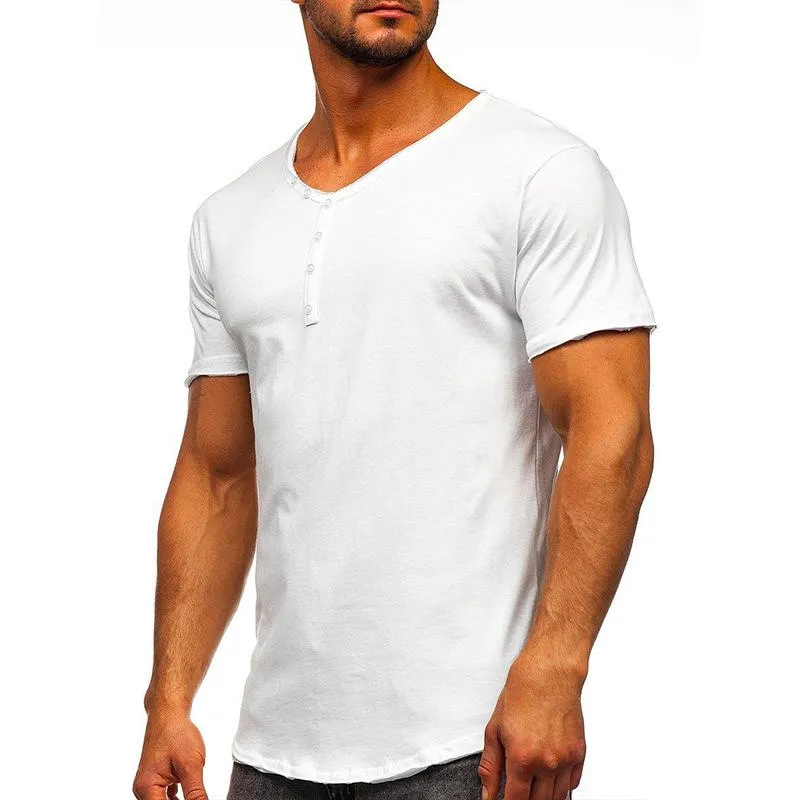 T-shirt uni à col en V avec boutons vintage