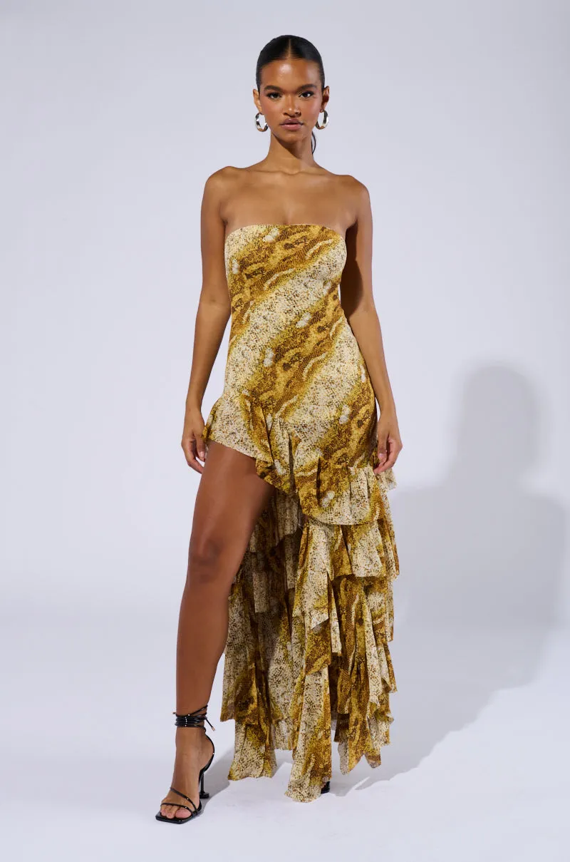 TATTIANA SNAKE PRINT RUFFLED MAXI DRESS