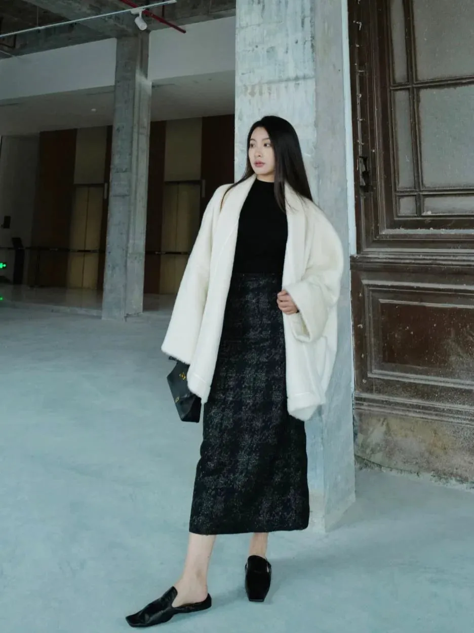 Textured Black Slit Skirt