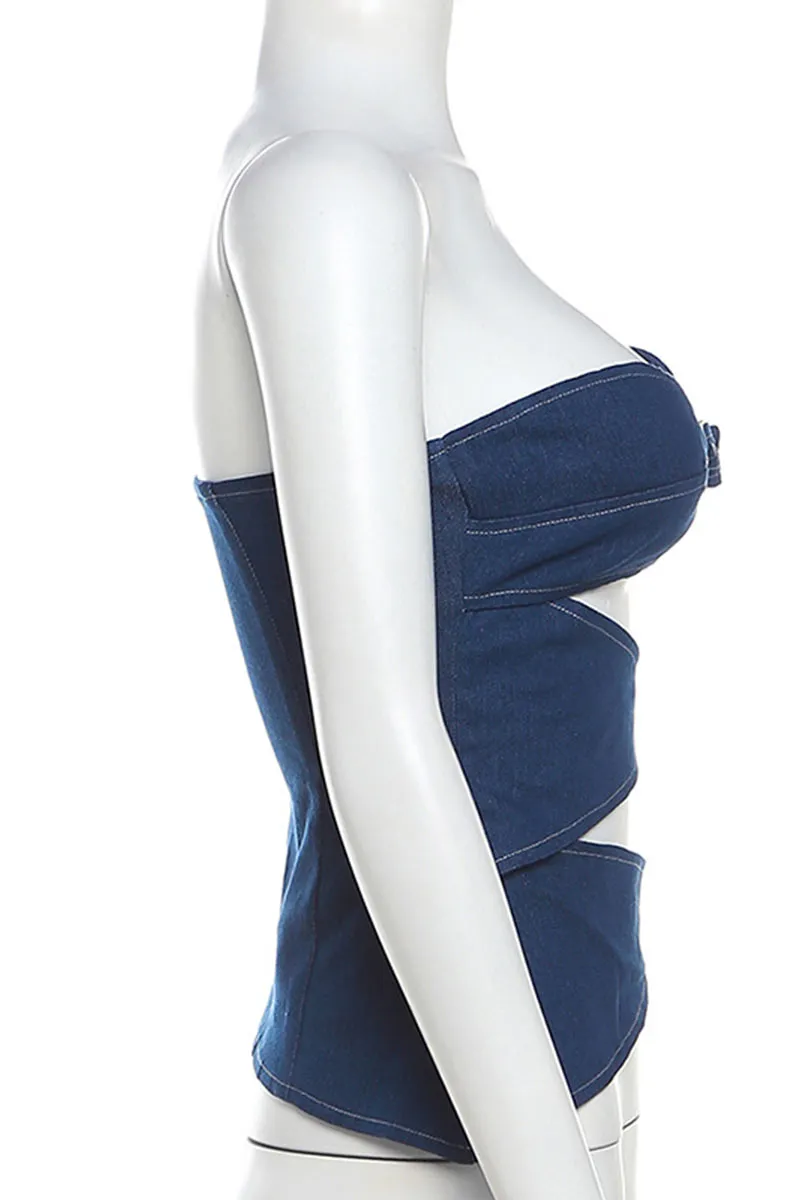 TK602 One-Shoulder Cutout Backless Denim Crop Top