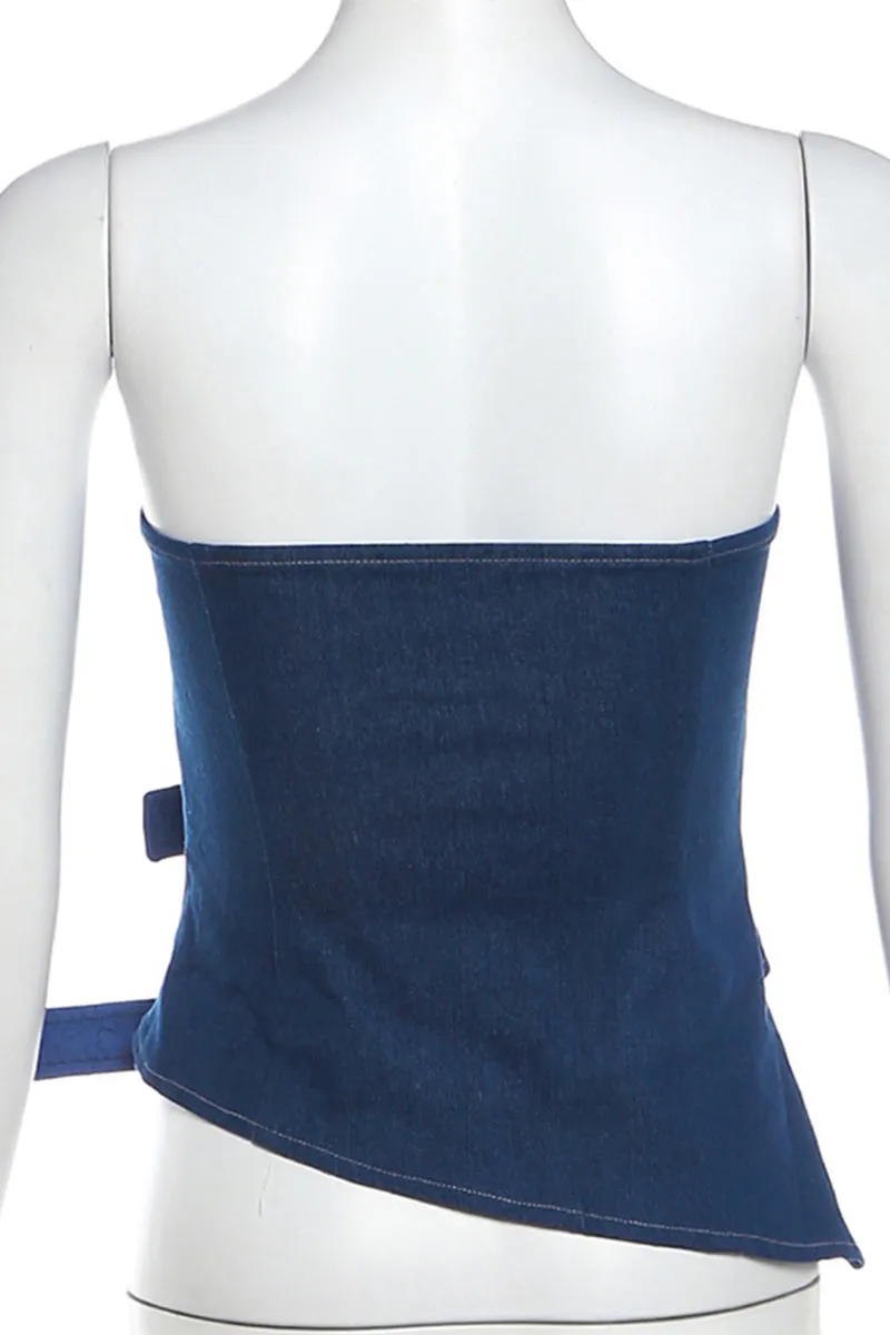 TK602 One-Shoulder Cutout Backless Denim Crop Top