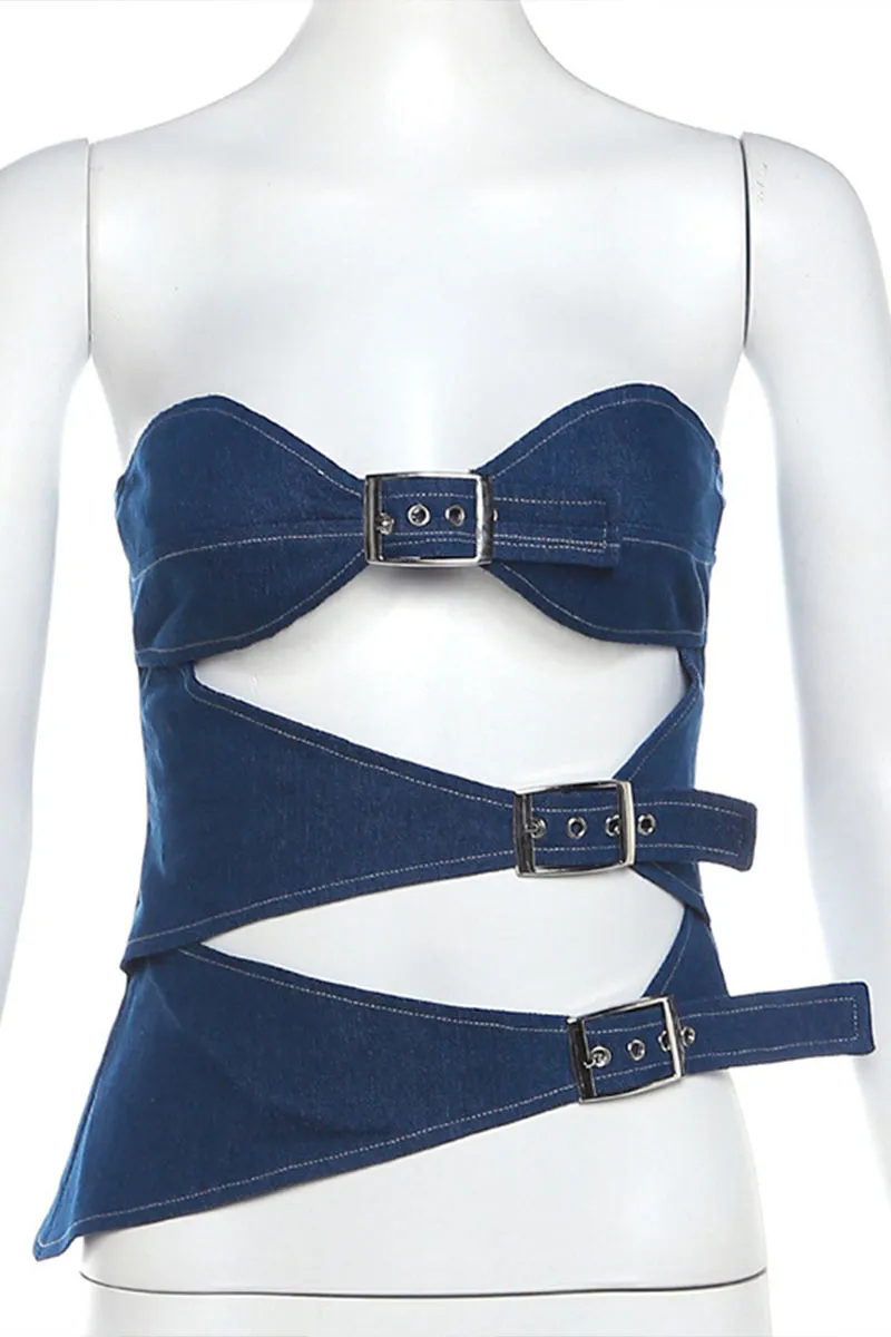 TK602 One-Shoulder Cutout Backless Denim Crop Top