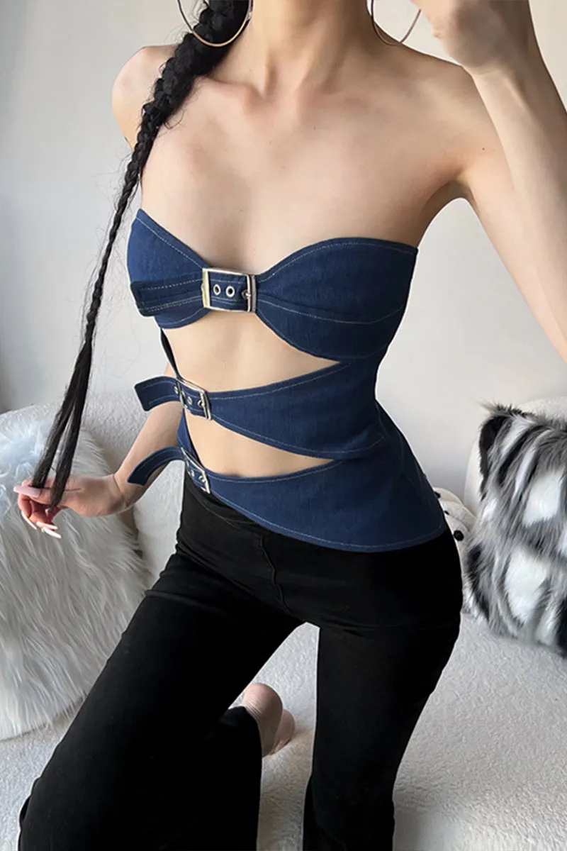 TK602 One-Shoulder Cutout Backless Denim Crop Top