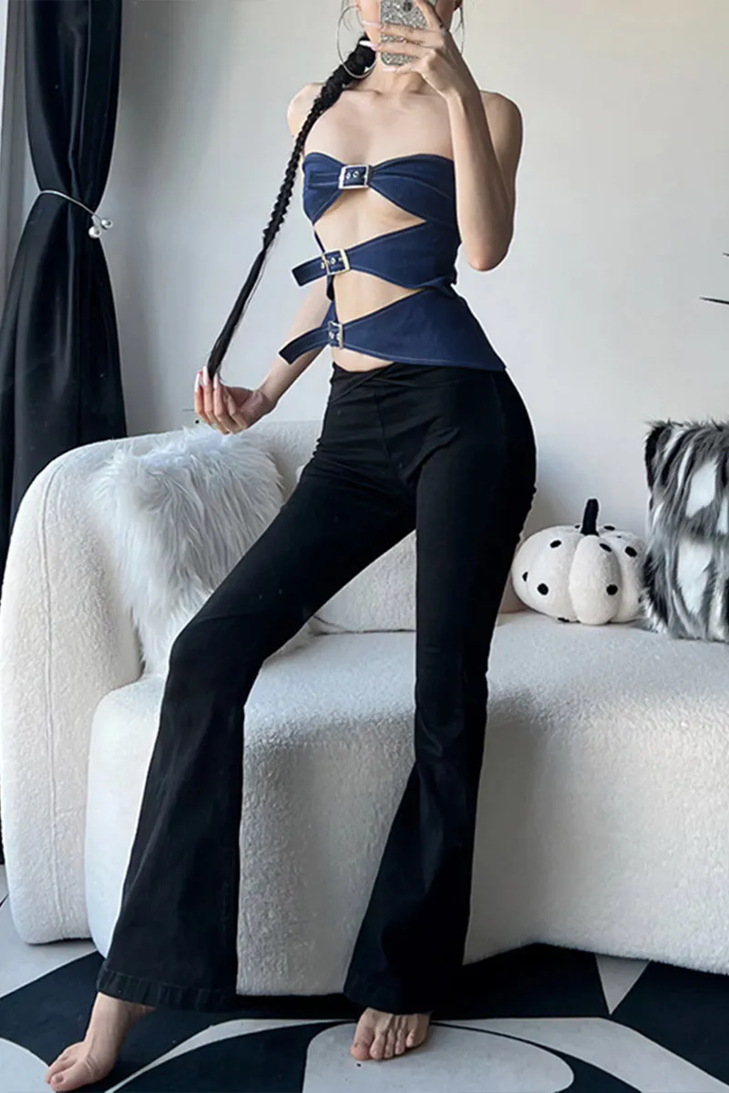 TK602 One-Shoulder Cutout Backless Denim Crop Top