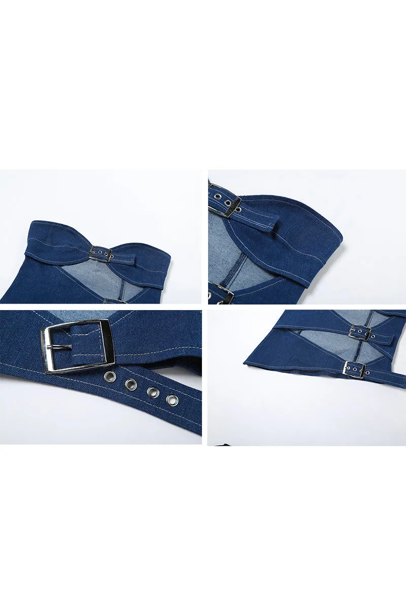 TK602 One-Shoulder Cutout Backless Denim Crop Top